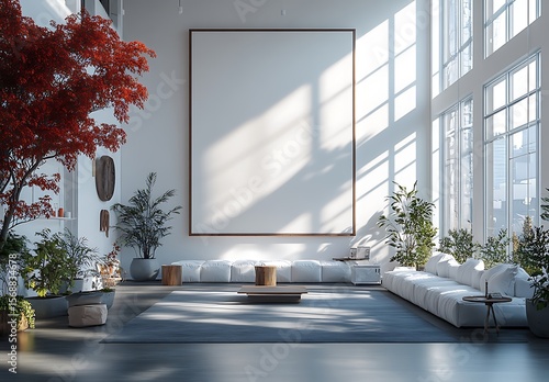 Living room wall canvas mockup with white sofa and plants

