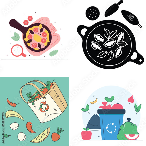 Healthy eating and sustainable living concepts illustrated with food and recycling