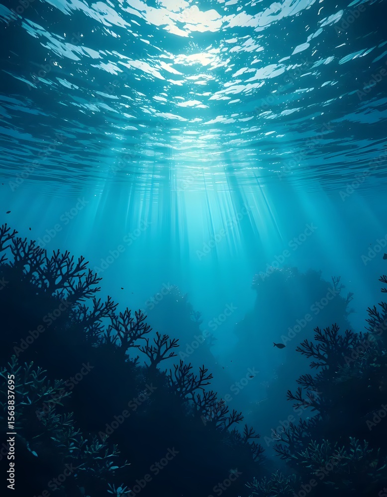 Obraz premium Underwater Serenity: Sunbeams Illuminate Vibrant Coral Reef Ecosystem
