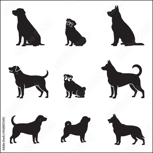 Collection of Dog Breed Silhouettes in Black and White for Graphic Design Projects