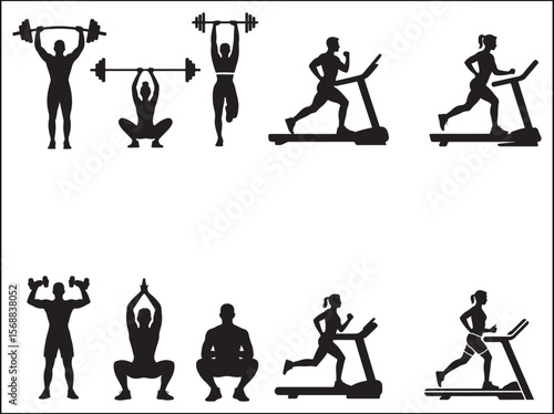 Silhouettes of People Exercising with Weights and Running on Treadmills for Fitness