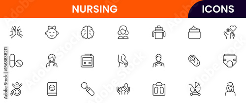 Vector illustration web line icon collection for nursing home care, elderly, medical, and support symbols in a compassionate, modern style.