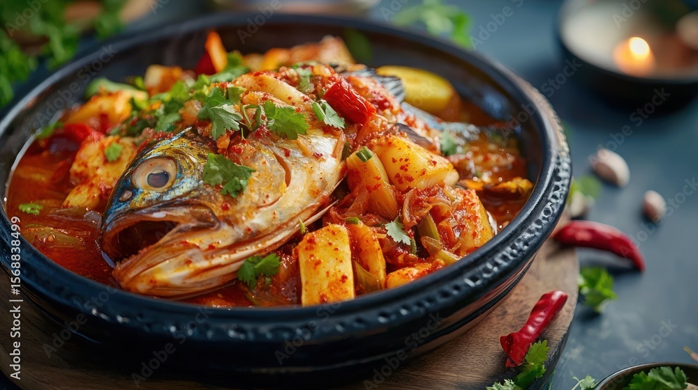 Spicy fish stew in bowl Spicy fish stew in bowl
