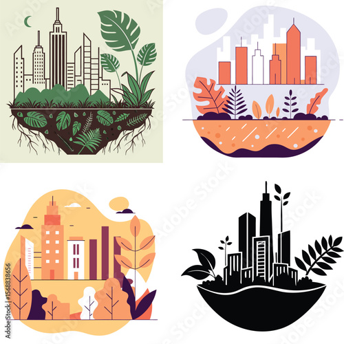 Urban nature illustrations showcasing city skylines integrated with lush greenery
