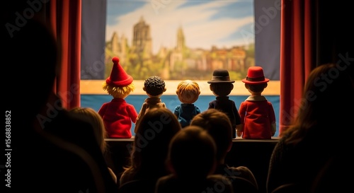 Puppet Show Audience Watches Colorful Puppets Perform on Stage with Painted Backdrop