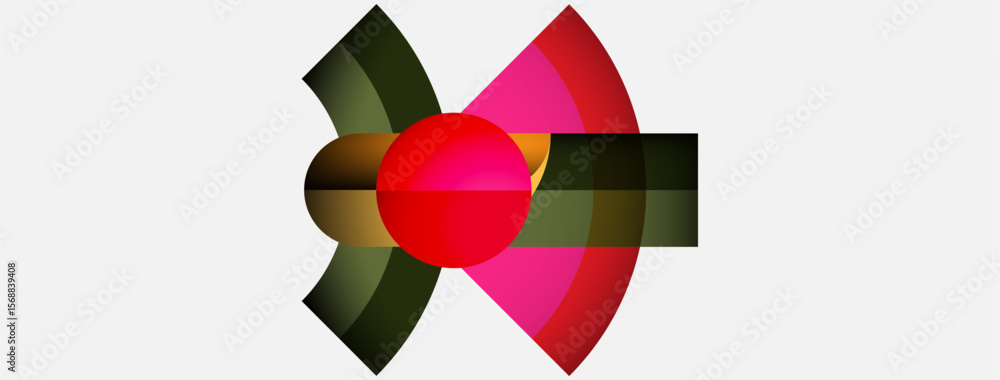 Obraz premium Abstract geometric design. Red sphere intersects pink, green shapes. White background creates strong contrast. Modern, vibrant composition.