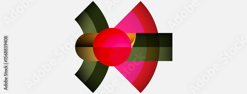 Abstract geometric design. Red sphere intersects pink, green shapes. White background creates strong contrast. Modern, vibrant composition.