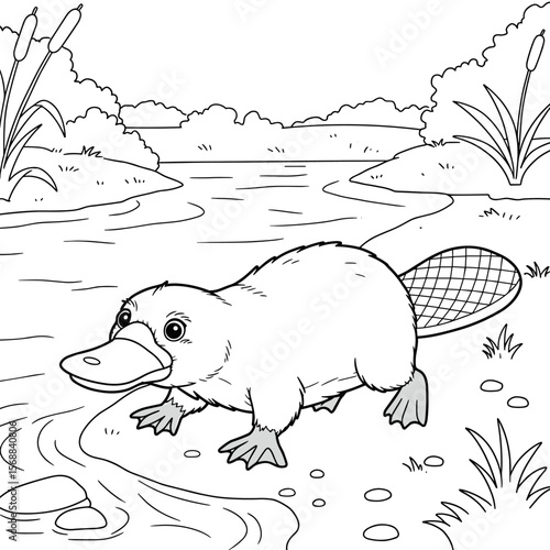 Bild auf Leinwand A platypus with webbed feet, duck-like bill, and beaver tail stands by a river, illustrated in black-and-white line art