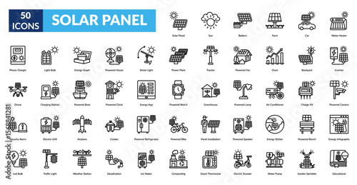 SOLAR PANEL line icon set. Solar Panel, Sun, Battery, Farm, Car, Water Heater, Phone Charger