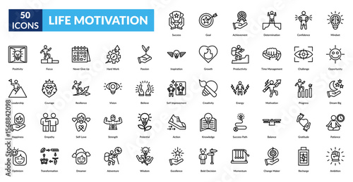 life motivation line icon set. Success, Goal, Achievement, Determination, Confidence, Mindset, Positivity