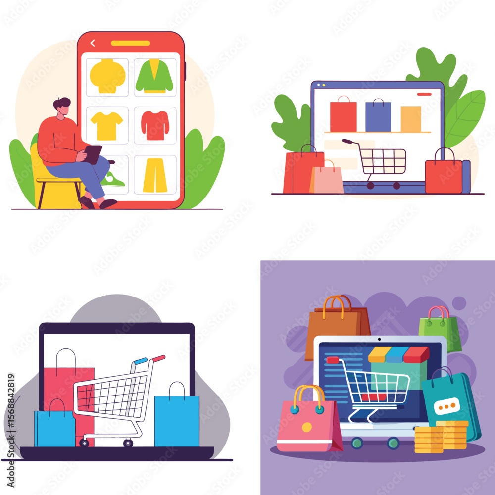 Fototapeta premium Online shopping and e commerce concepts illustrated with devices and shopping bags