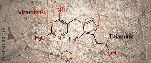 Konstfotografi Structure chemical formula of thiamine also known as thiamin and vitamin B1, is a vitamin, an essential micronutrient for humans and animals