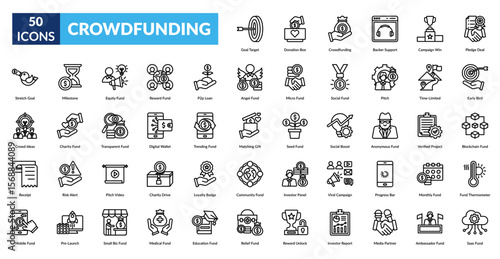 crowdfunding line icon set. Goal Target, Donation Box, Crowdfunding, Backer Support, Campaign Win, Pledge Deal, Stretch Goal