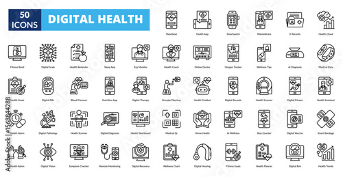 digital health line icon set. Heartbeat, Health App, Smartwatch, Telemedicine, E Records, Health Cloud, Fitness Band