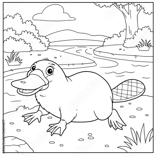 A cartoon platypus with webbed feet and a beaver tail sits by a riverbank with hills and trees, drawn in black-and-white line art.