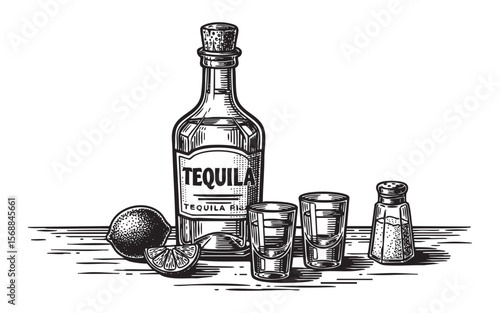 Tequila Bottle Shot Glasses Vector Engraving Illustration