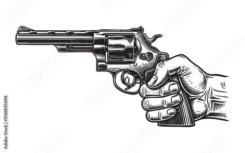 Hand Holding Revolver Pistol Vector Engraving Illustration

