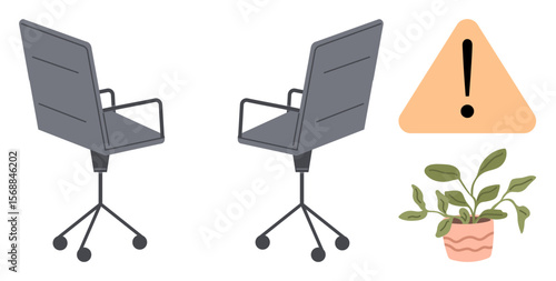 Two swivel office chairs, caution sign, and a potted plant. Ideal for workplace safety, office ergonomics, productivity, risk management, work-life balance, organization simple flat metaphor