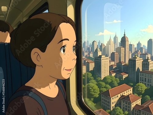 Thoughtful Woman Gazing Out of Train Window Towards Skyline - AI Generated