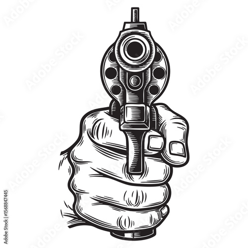 Hand Holding Pistol Pointing Forward Vector Engraving Illustration
