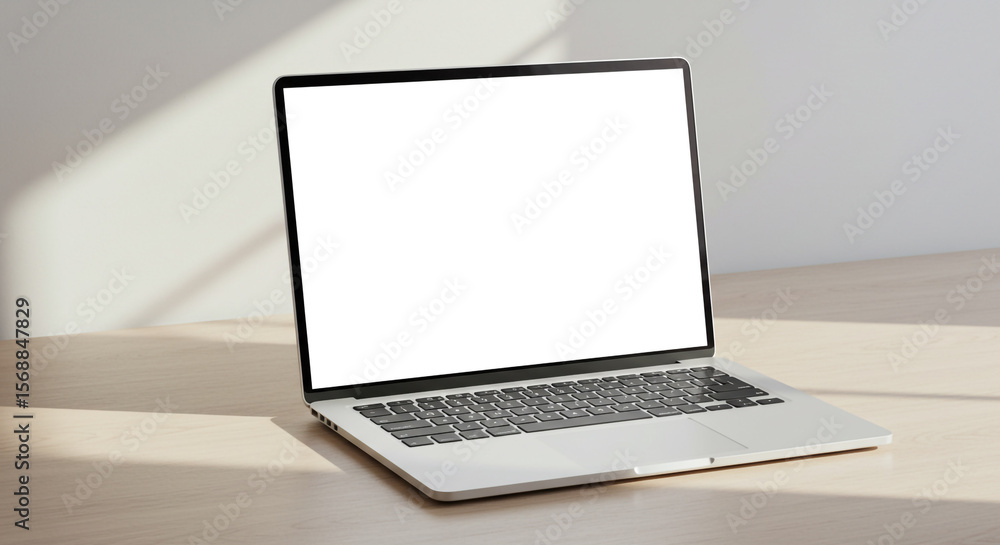 Fototapeta premium A silver laptop rests on a light wood desk, bathed in sunlight streaming through a window. The screen displays a blank white space.