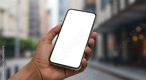 A dark-skinned hand holds a smartphone with a blank white screen in an urban setting.