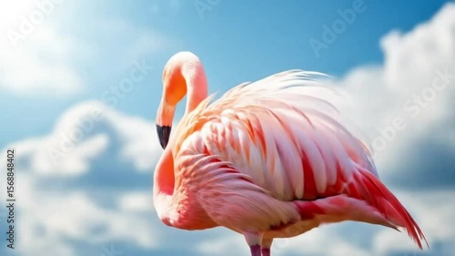 Vibrant pink flamingo standing against blue sky with fluffy clouds