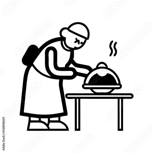 Woman serving hot dish on table in black and white style