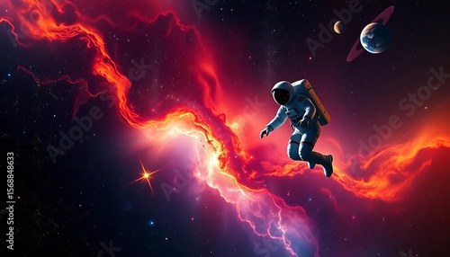Astronaut floating amidst vibrant nebula, stars, and distant planets,  cosmos,  adventure