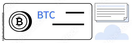 Bitcoin wallet displaying BTC logo, transaction details, document representation, and cloud storage. Ideal for cryptocurrency, finance, technology, blockchain, security digital payments data