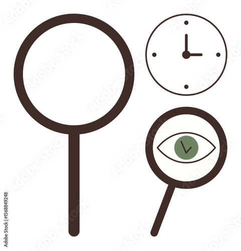 Magnifying glass amplifying eye, accompanied by clock, conveying focus, precision, time management. Ideal for monitoring, research, deadlines, productivity vision clarity organization simple flat