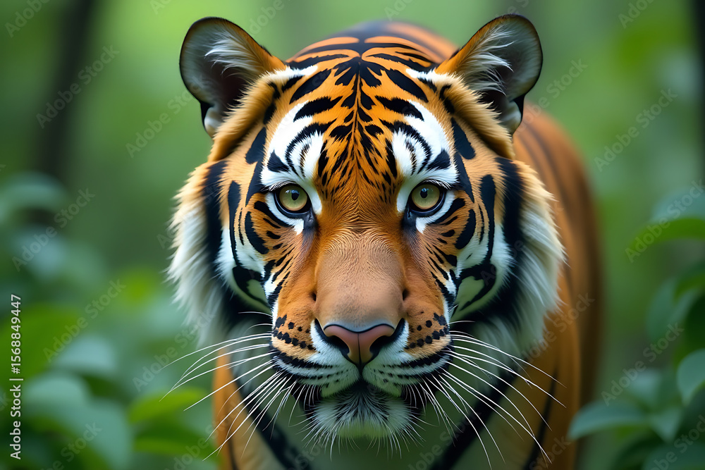 Fototapeta premium Tiger Face Close-Up with Intense Gaze Amidst Green Foliage