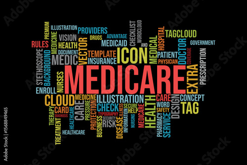 word cloud template Design on black background .Concept of Medicare.