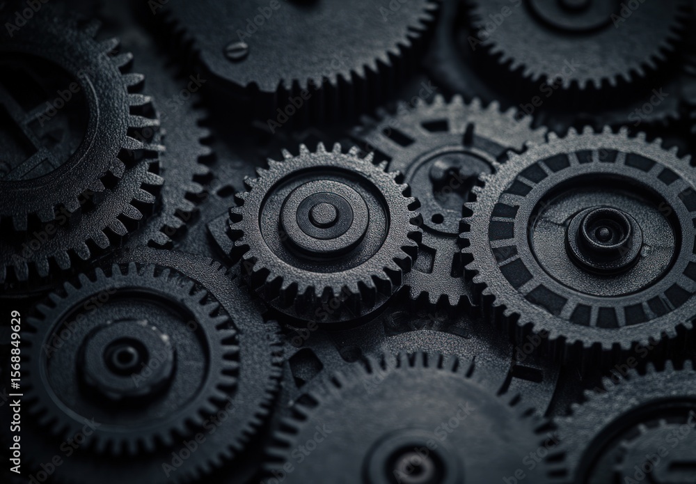Interlocking gears, dark metal, intricate detail, closeup Interlocking gears, dark metal, intricate detail, closeup