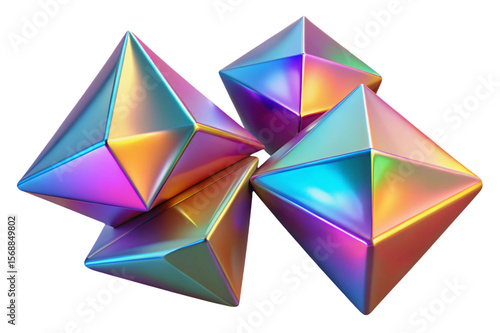 Four iridescent geometric octahedrons with metallic sheen isolated on transparent background