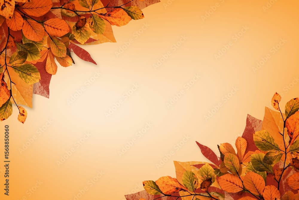Fototapeta premium Autumn leaf clusters are framing flat design with veins and branches on orange gradient, copy space