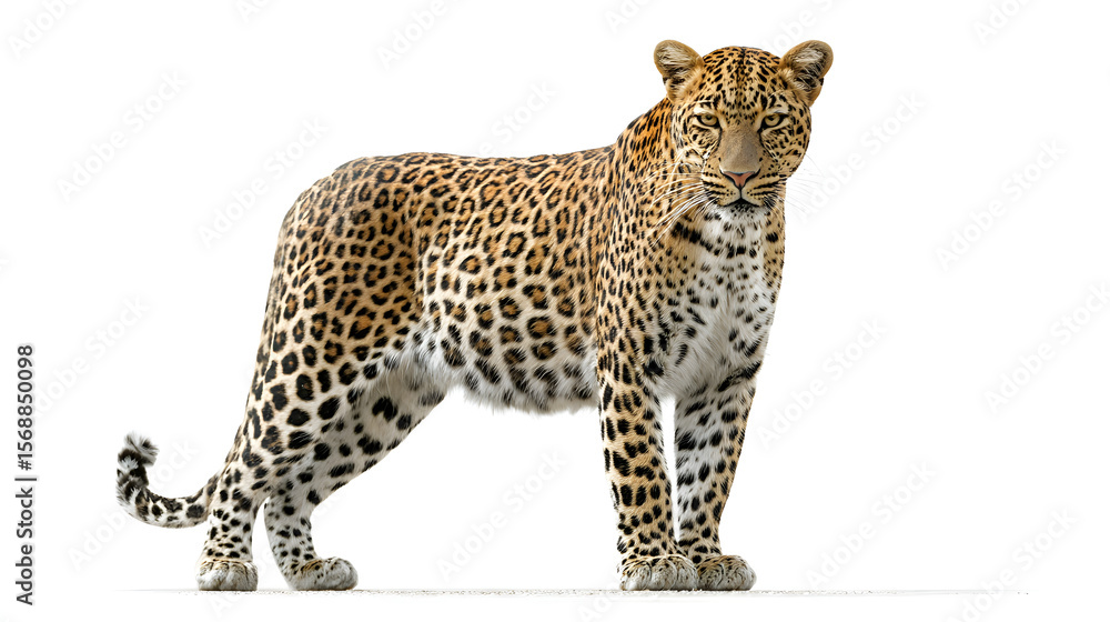 Fototapeta premium Leopard standing alert, full body view isolated on white background.