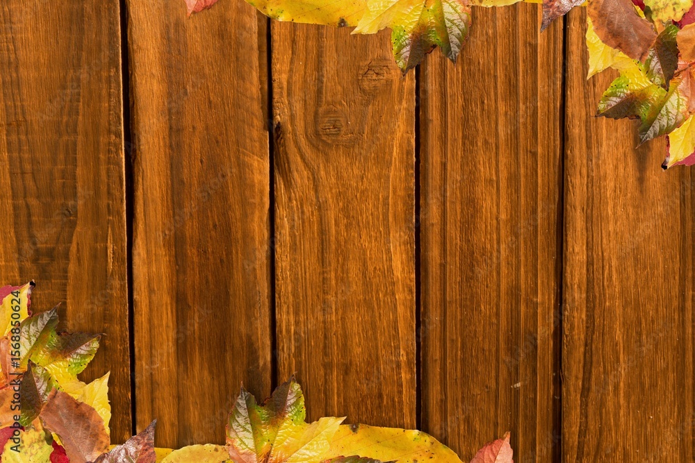 Naklejka premium Flat design graphic is featuring vertical wooden planks with autumn leaves framing edges