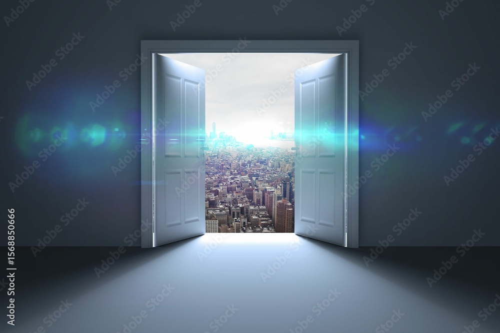 Fototapeta premium Digital composite of city seen from open door
