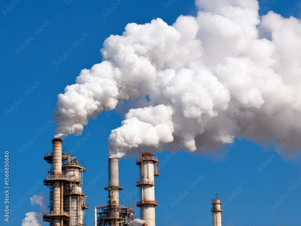 Industrial smokestacks release large plumes of white smoke into a clear blue sky, indicating heavy factory emissions. Industrial smokestacks release large plumes of white smoke into a clear blue sky, indicating heavy factory emissions.