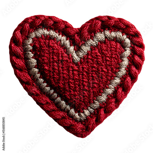Stylized red crochet heart applique, tight uniform stitching, handmade love symbol with subtle shadow, isolated transparent background with minimal design