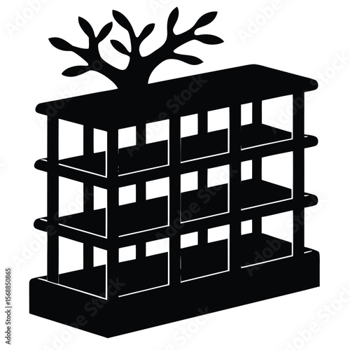 Isometric view shows a silhouetted multilayered shelving structure with abstract tree on the top