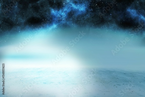 Fototapeta Naklejka Na Ścianę i Meble -  Alien landscape is showing icy plain and glowing blue nebula under starry sky in flat design