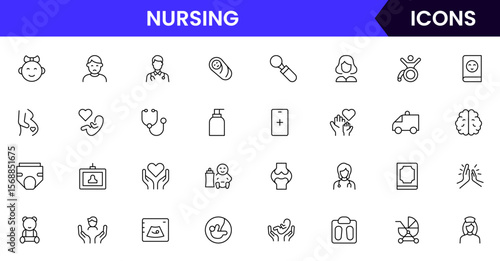 Vector illustration web line icon collection for nursing home care, elderly, medical, and support symbols in a compassionate, modern style.