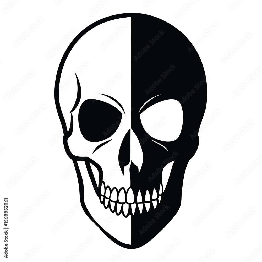 Fototapeta premium A twotoned skull showcases half in black and half in white tone