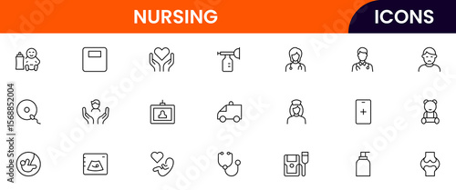 Vector illustration web line icon collection for nursing home care, elderly, medical, and support symbols in a compassionate, modern style.