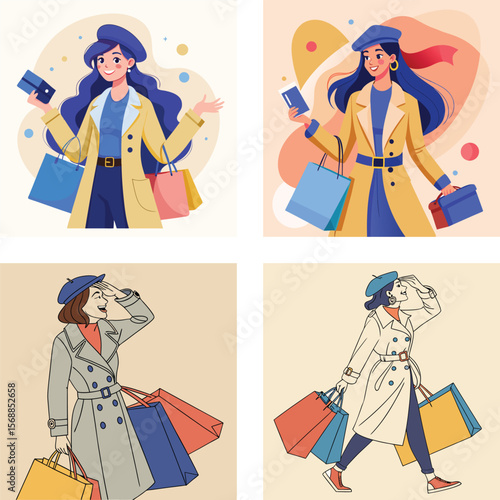 Stylish woman with shopping bags and credit card enjoys a shopping spree