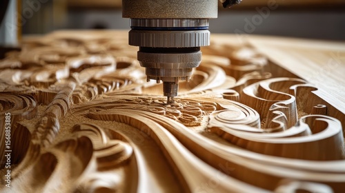 A dynamic image of a machine carving designs into wood for handmade furniture.