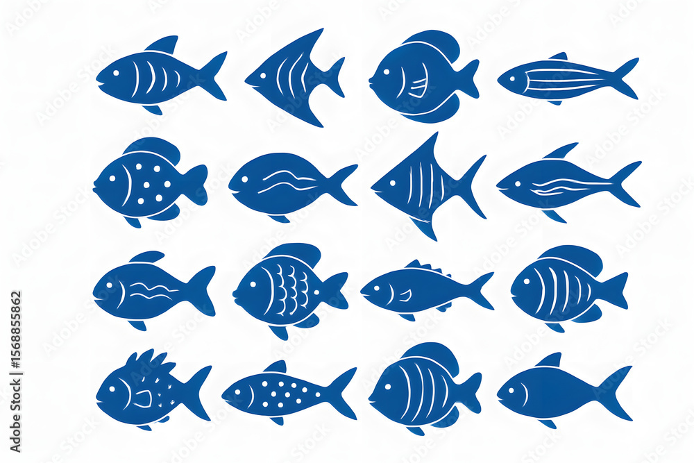 Fototapeta premium Underwater Ballet: A symphony of marine life unfolds as a collection of stylized fish elegantly dance across the canvas, each a unique silhouette of the vast ocean realm. 