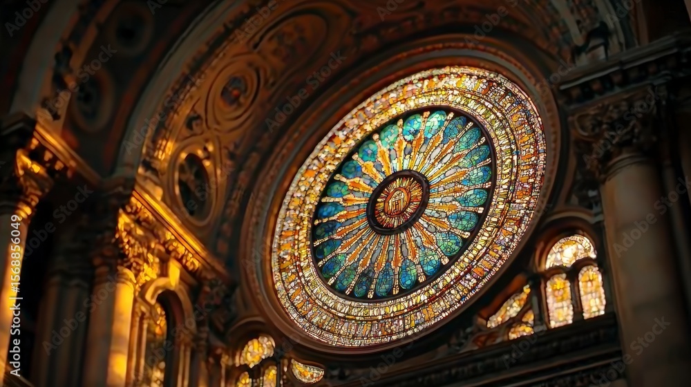Fototapeta premium Circular Stained Glass Window in Ornate Cathedral Interior